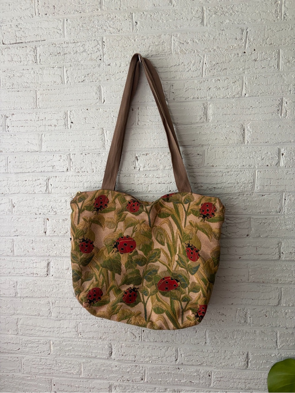 Ladybug Print Shoulder Tote Bag in Brown and Red